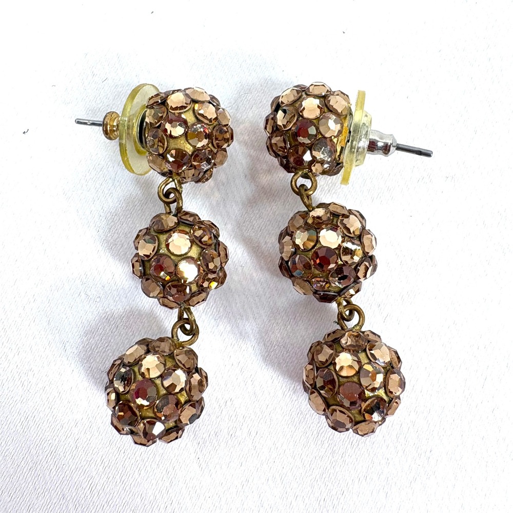 Vintage‎ Drop Earrings Champagne Rhinestone Disco Ball Triple Dangle